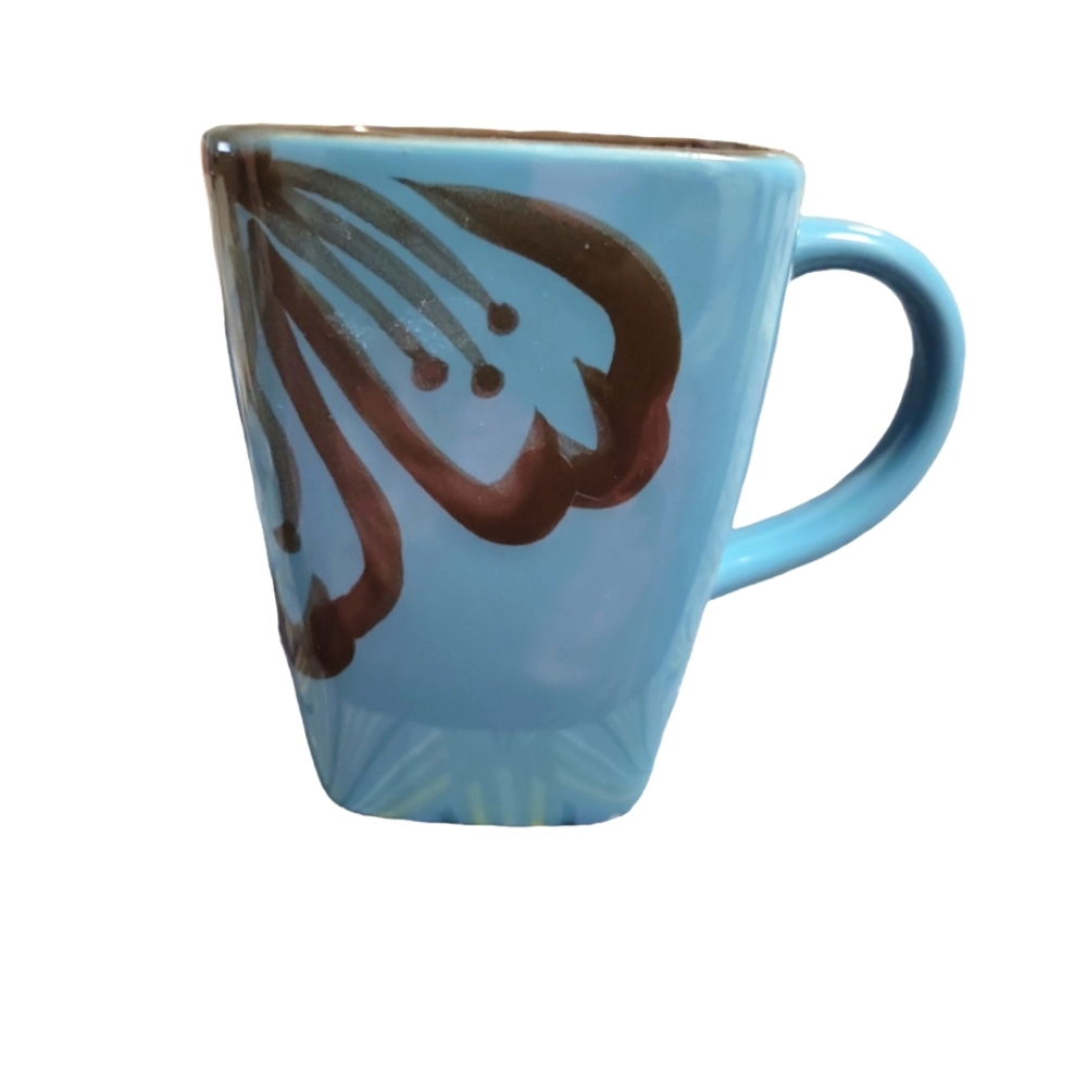 Pier 1 Hibiscus Teal Blue & Brown Square Ceramic Mug Cup 12 oz